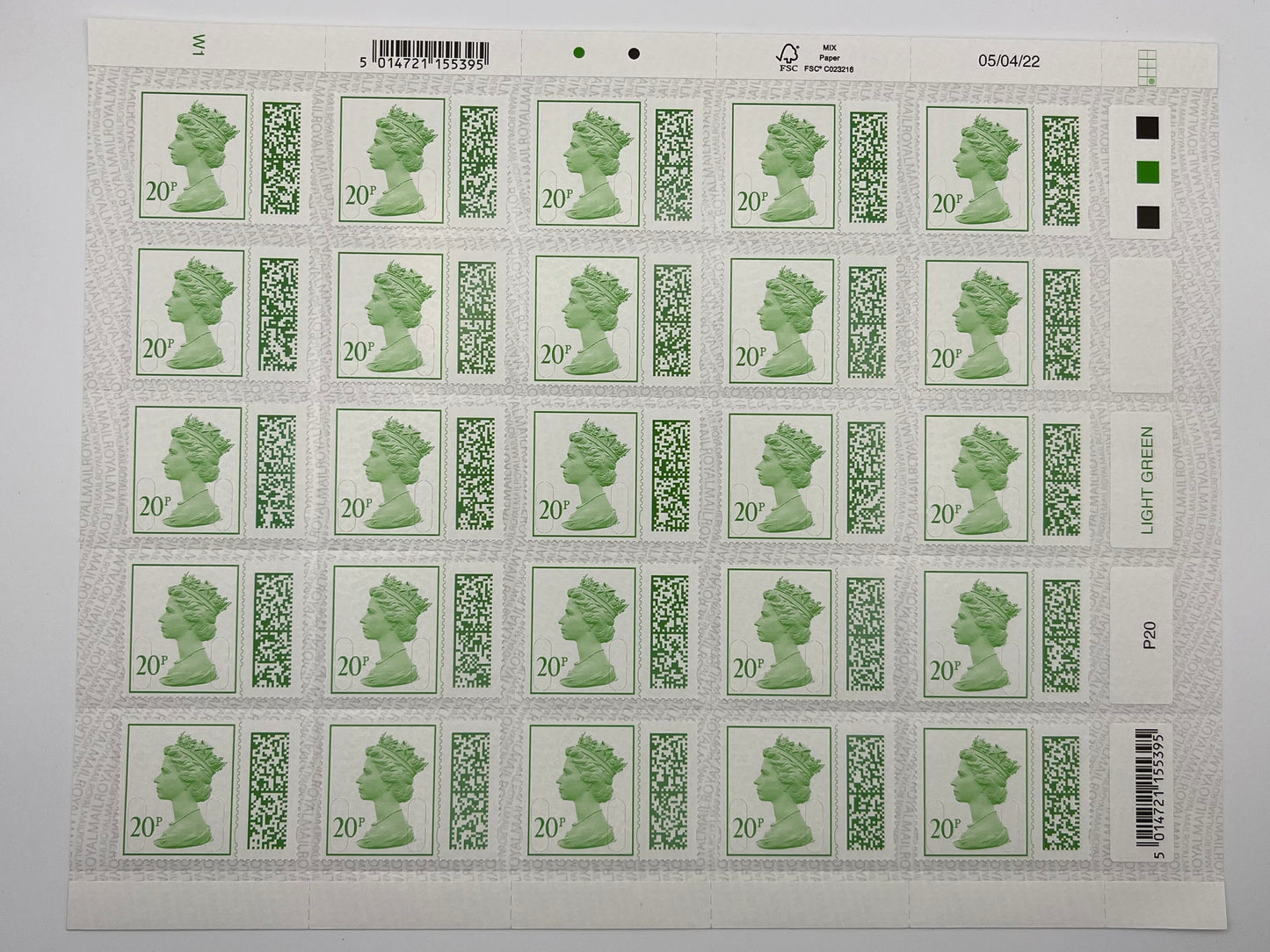 25 x 20p Self Adhesive Barcoded Stamps FV £5 • 25% off