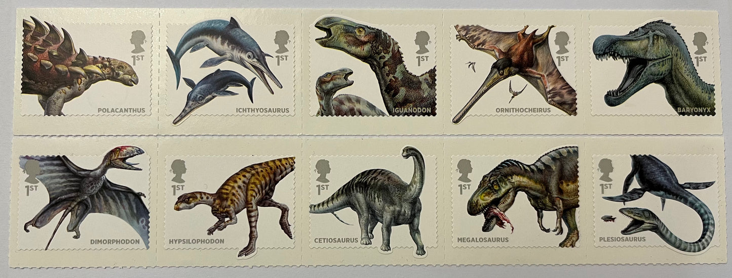 10 Dinosaur 1st Class Self Adhesive Stamps