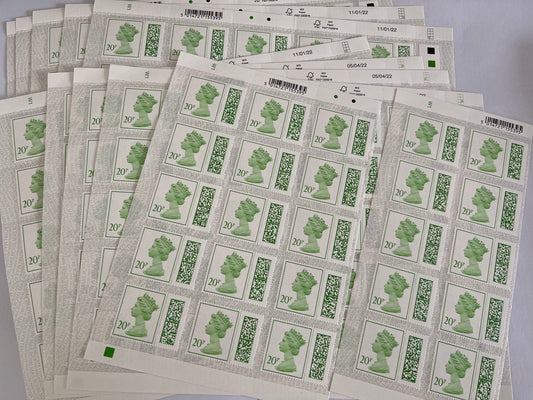 Sheet of 25 Stamps x 20p Self Adhesive Barcoded Stamps for Postage FV £5 •
